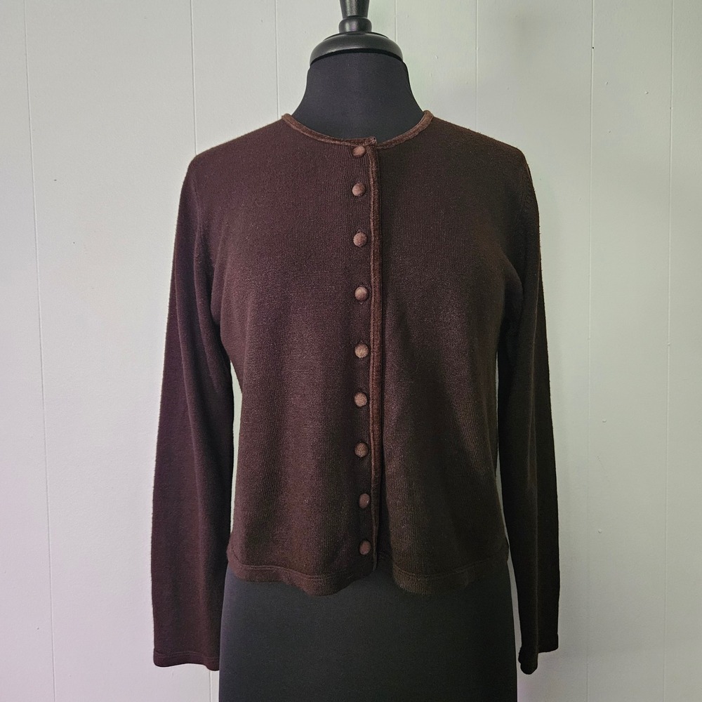 Vintage Cardigan Women Brown Velvet Button Front Classic Dark Academia Preppy